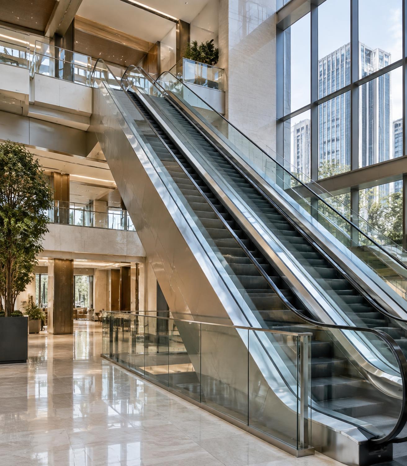 Modern escalators in a bright commercial building
