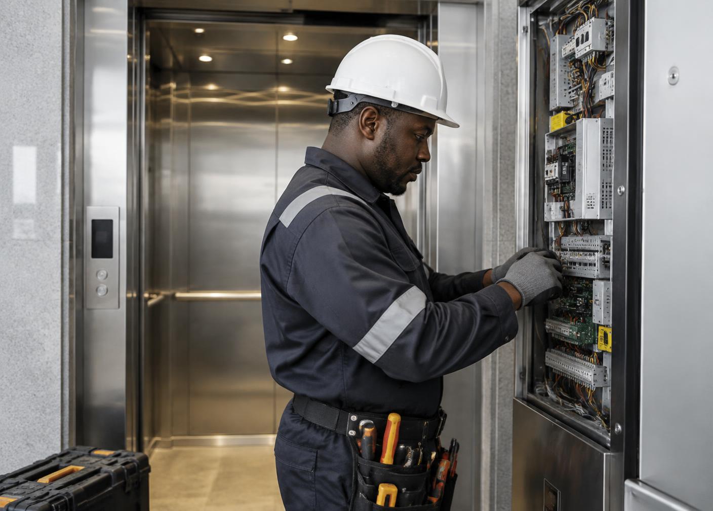 Technician inspecting a modern elevator control panel